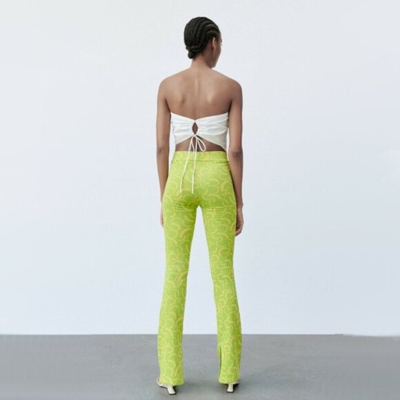 NWT Zara lime green & yellow jacquard high rise flared leggings, S - Picture 4 of 10